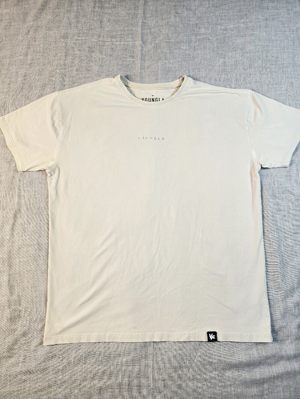 YoungLA Men's Medium Cream Beige Short Sleeve T-Shirt Minimalist Chest Logo Gym